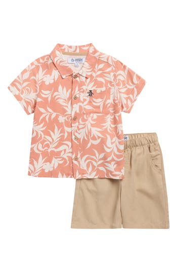 Original Penguin Kids' Short Sleeve Button-up Camp Shirt & Shorts Set In Brown