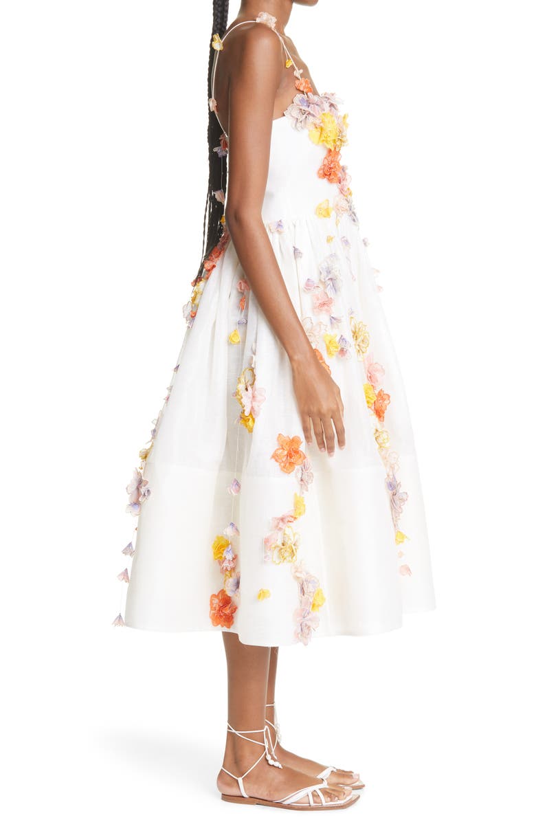 Zimmermann Postcard Floral Appliqué Linen & Silk Midi Dress, Alternate, color,
