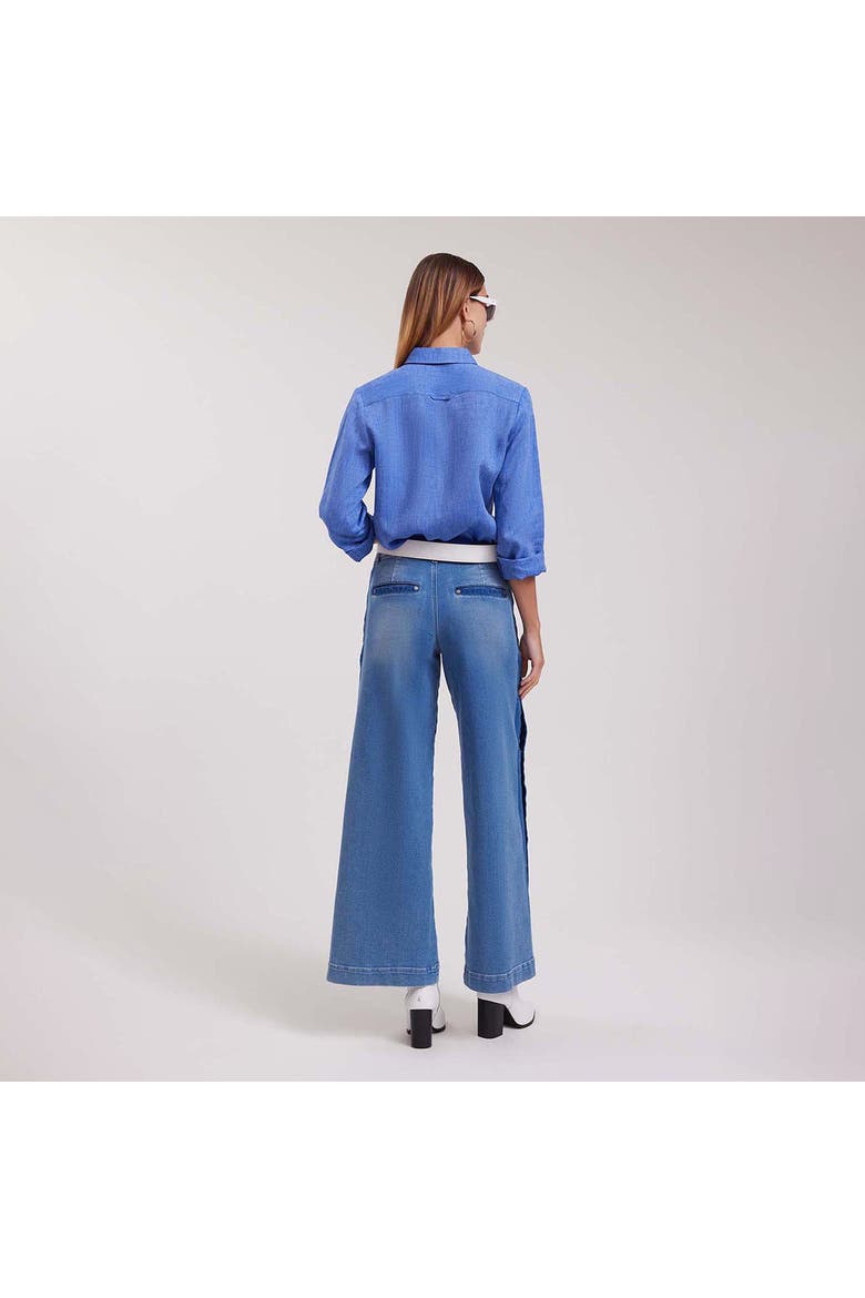 Women's Shirt  Citron Blue Linen Shirt With White Floral Applique, Alternate, color, Denim Blue