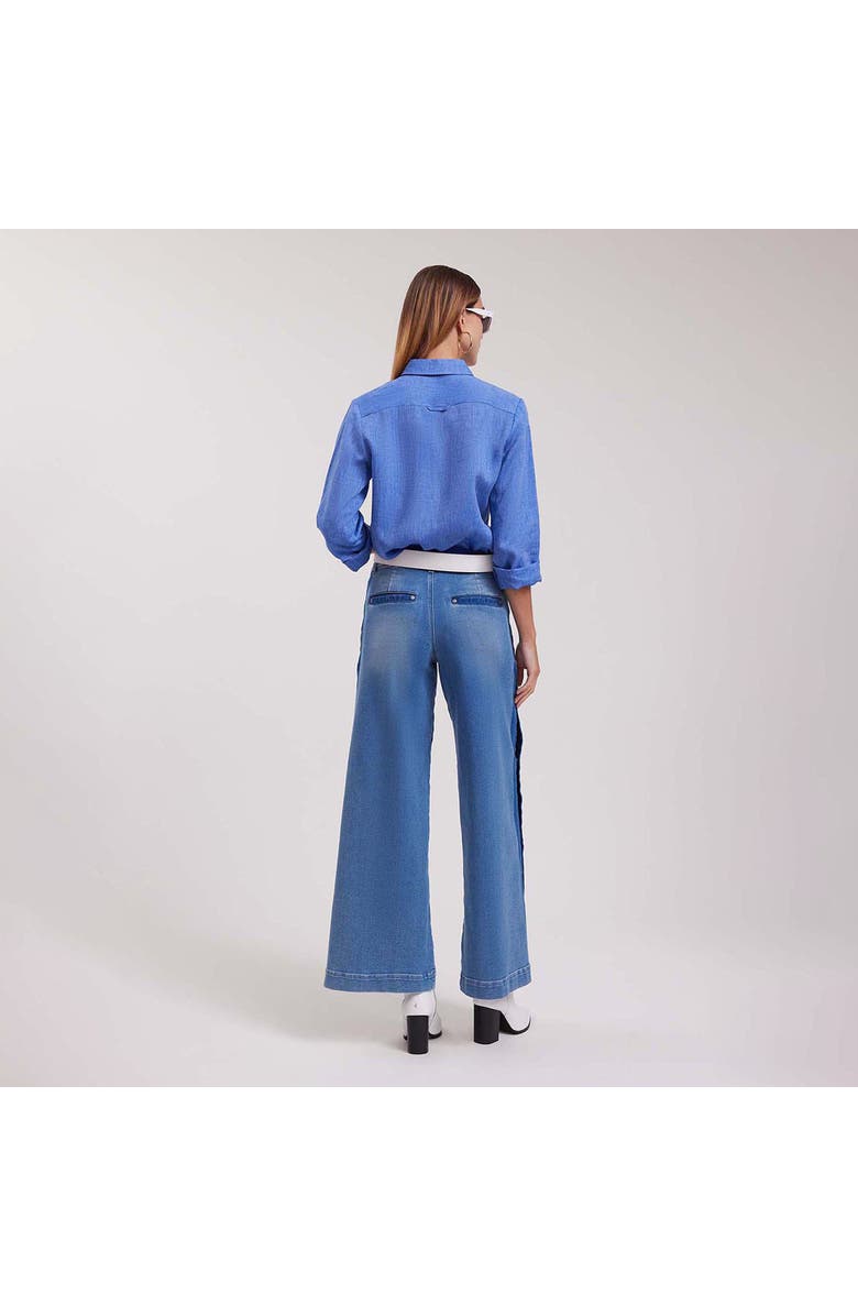 Anne Fontaine Women's Shirt Citron Blue Linen Shirt With White Floral Applique, Alternate, color, Denim Blue