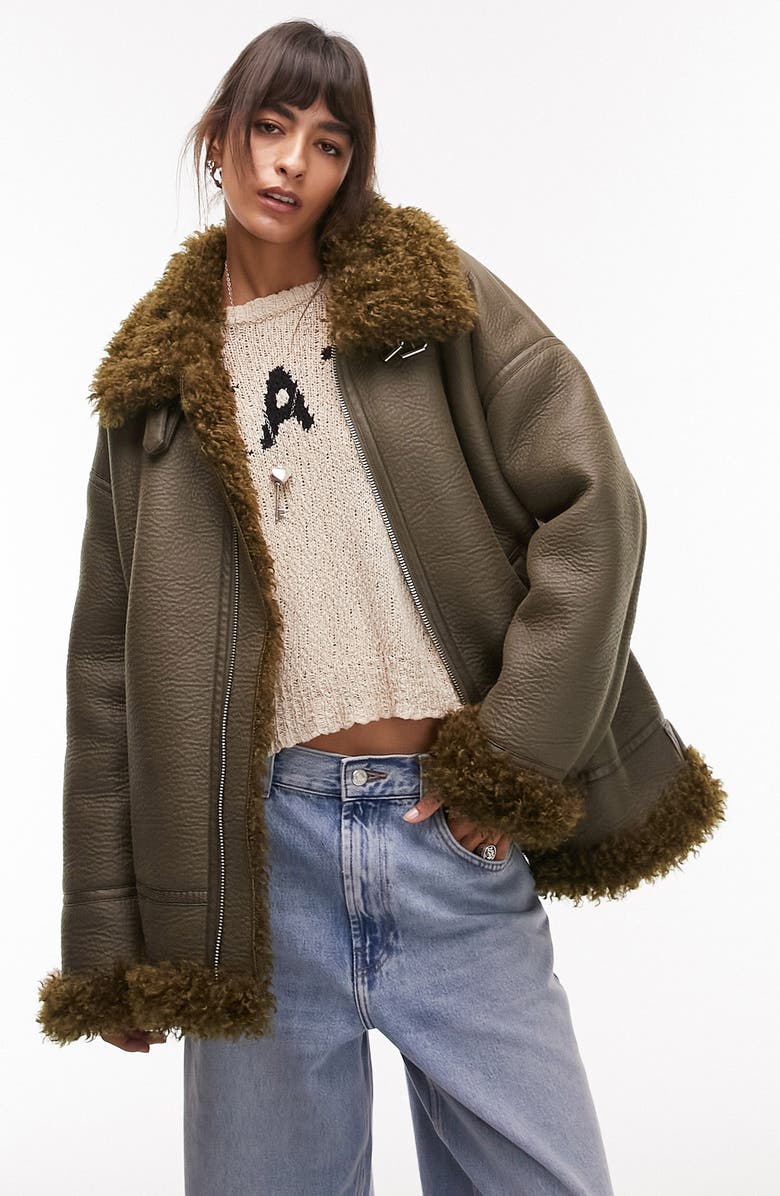 Topshop Faux Shearling & Faux Leather Aviator Jacket, Main, color, 
