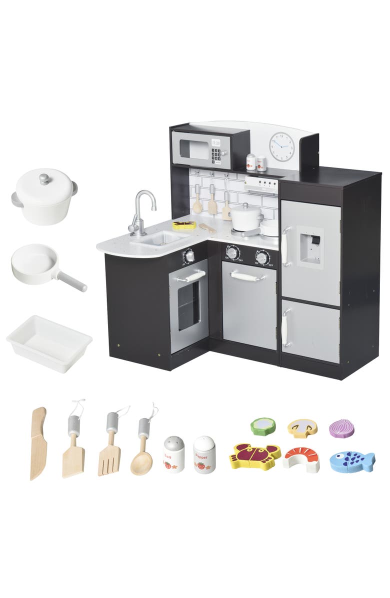 Qaba Kids Play Kitchen Set Pretend Wooden Cooking Toy Set, Main, color, Black