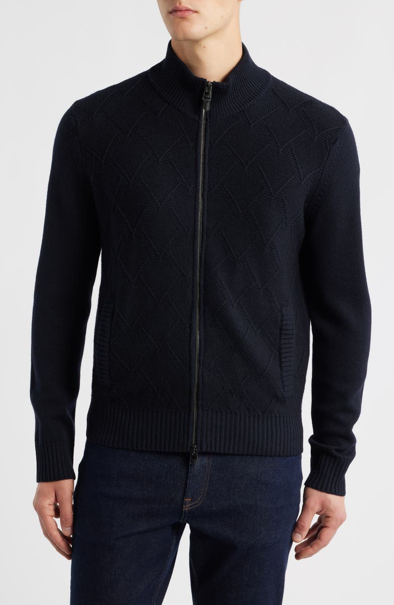 Canali Mock Neck Wool Zip Cardigan, Alternate, color, Navy