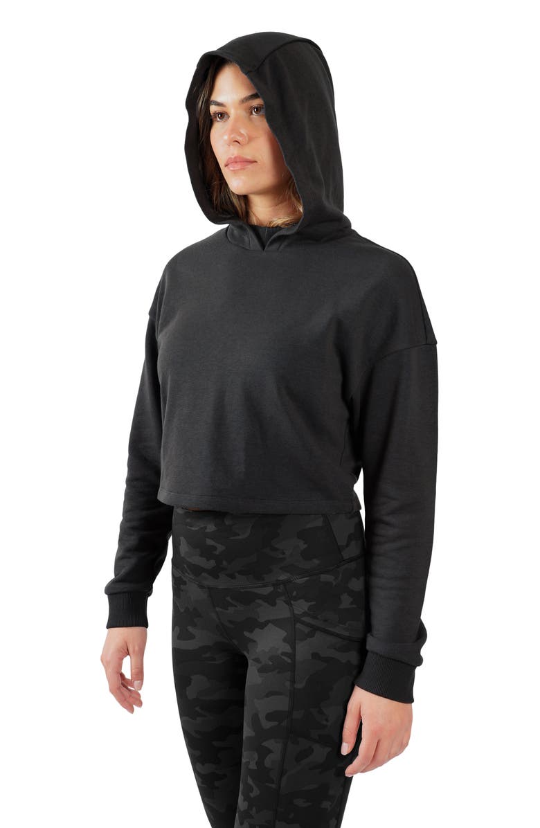 90 DEGREE BY REFLEX French Terry Crop Hoodie, Alternate, color, Black/ Black Camo Multi