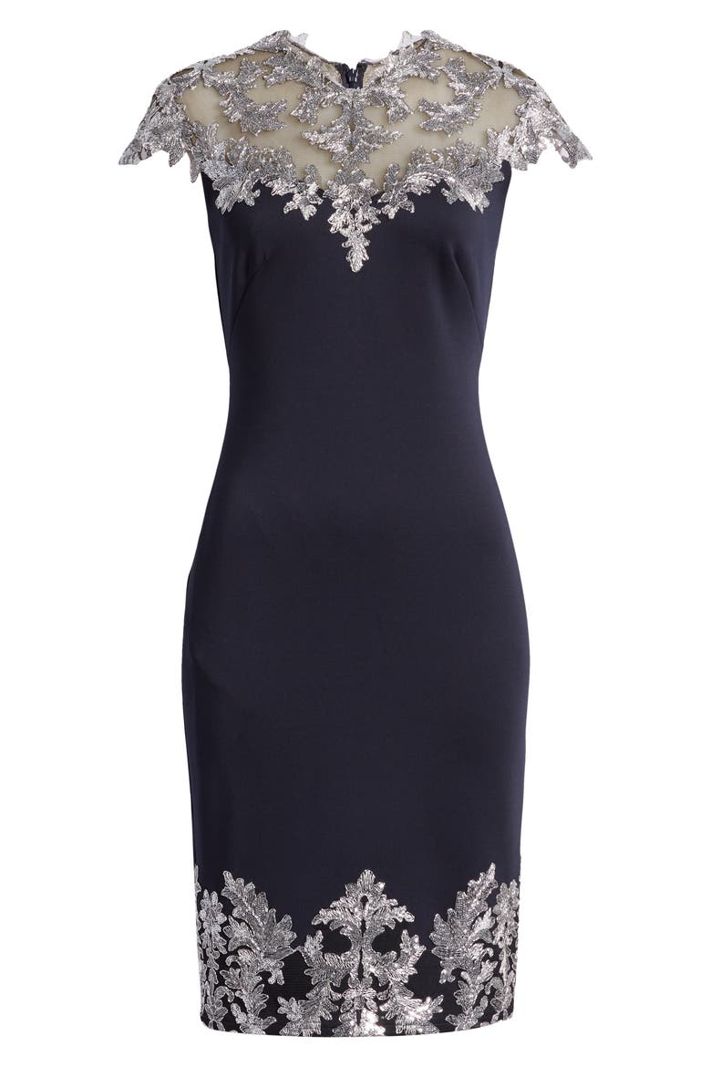 Lace Velvet Cocktail Dress, Alternate, color, NAVY/ SILVER
