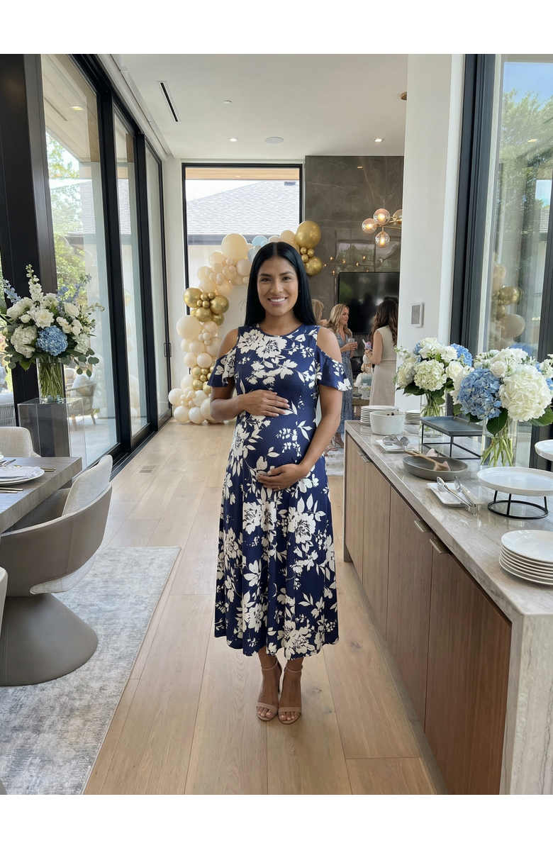 24seven Comfort Apparel Maternity Floral Ruffle Sleeve Cold Shoulder A-Line Maxi Dress, Alternate, color, Navy Multi