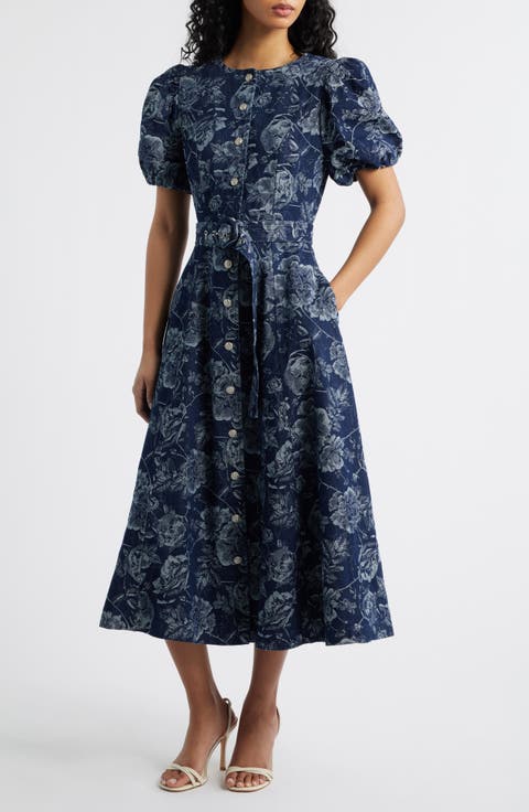 Belted Puff Sleeve Denim Dress