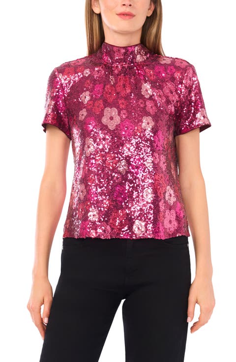 Floral Sequin Mock Neck Top