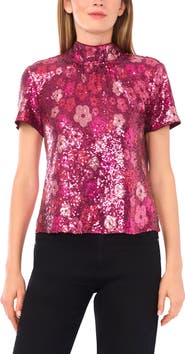 CeCe Floral Sequin Mock Neck Top