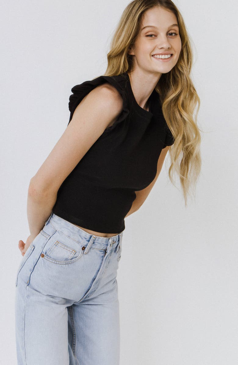 Free the Roses Ruffle Shoulder Cotton Blend Knit Top, Alternate, color, Black