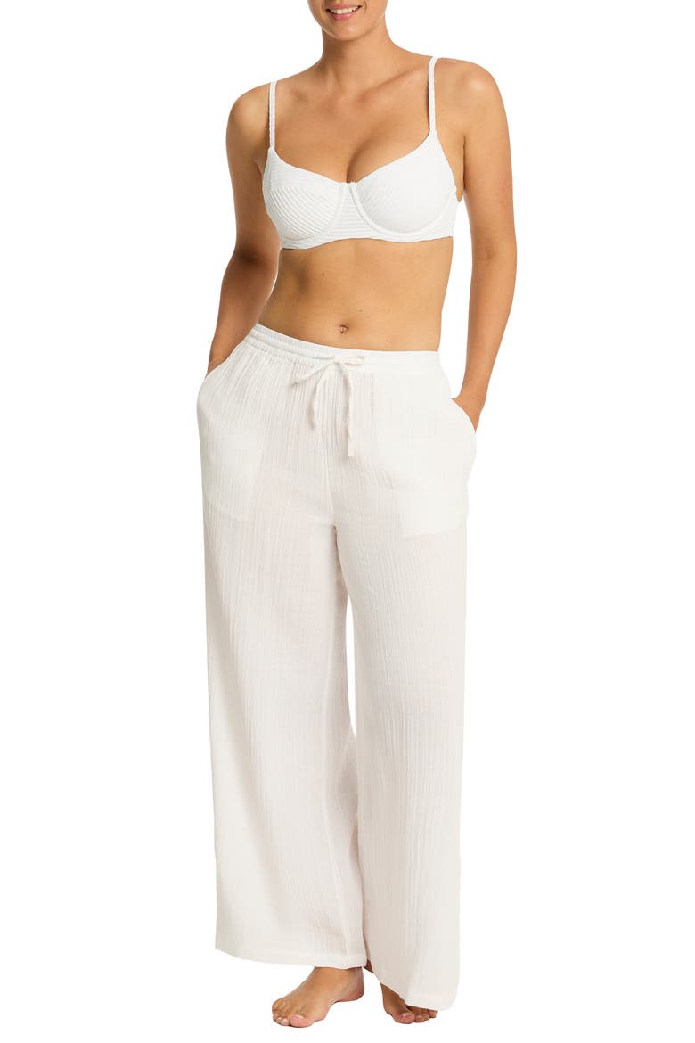 Sunset Beach High Waist Cotton Gauze Cover-Up Pants, Main, color, WHITE