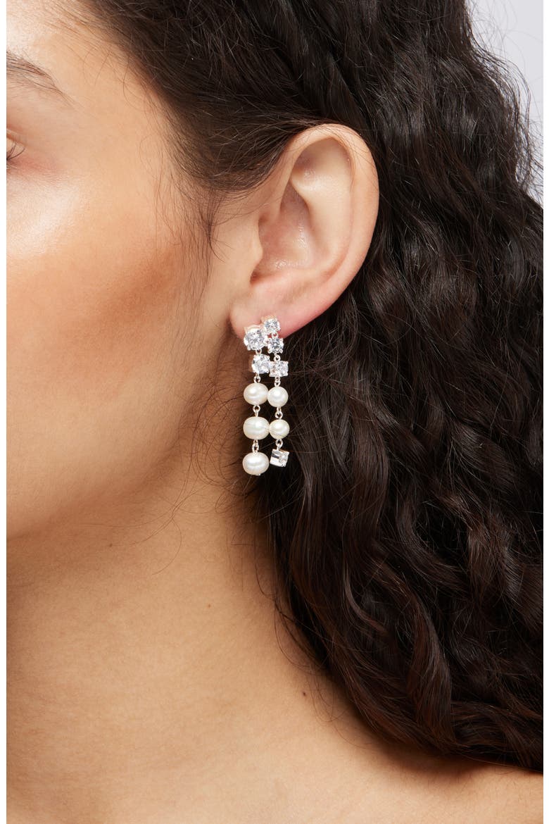 Cubic Zirconia & Freshwater Pearl Drop Earrings, Alternate, color, SILVER PLATED