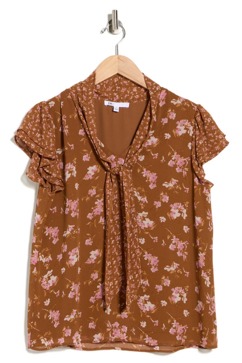 Floral Tie Neck Flutter Sleeve Top, Alternate, color, ROOT BEER