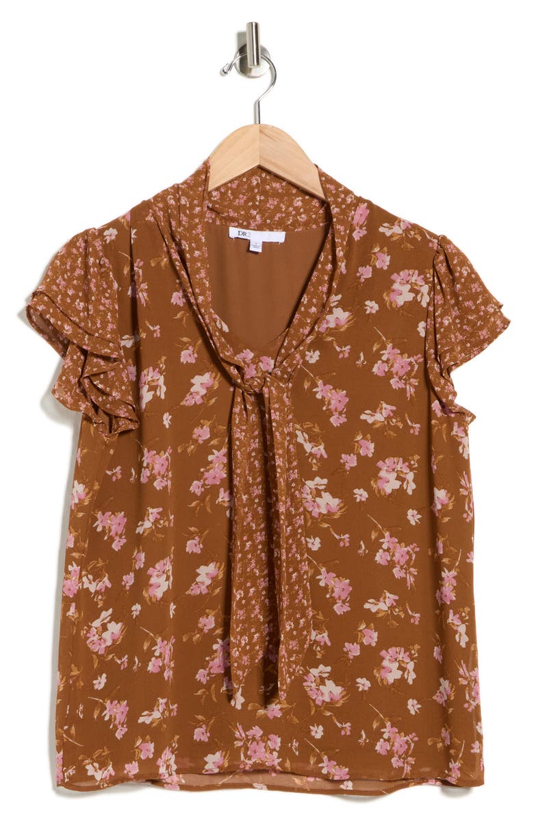 DR2 by Daniel Rainn Floral Tie Neck Flutter Sleeve Top, Alternate, color, Root Beer