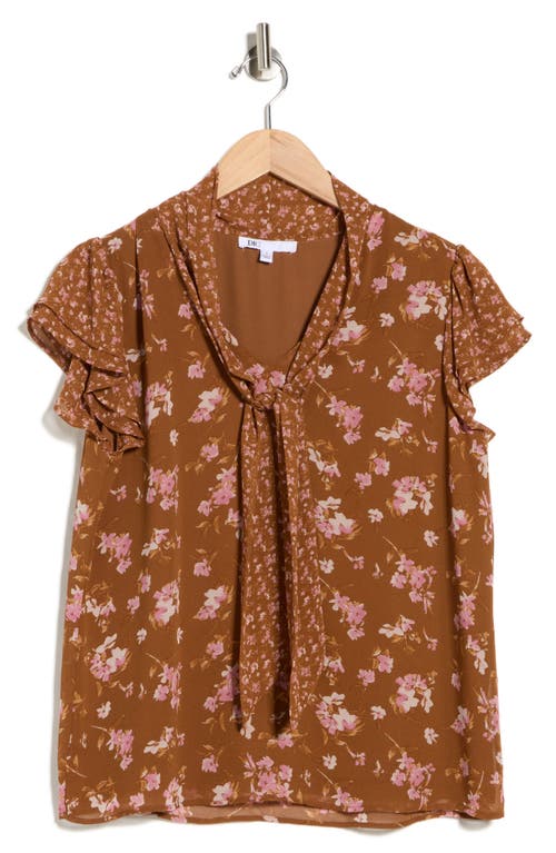 Dr2 By Daniel Rainn Floral Tie Neck Flutter Sleeve Top In Brown
