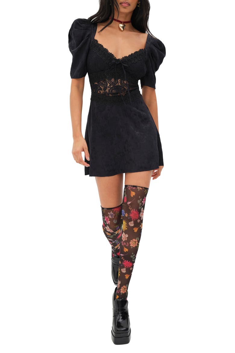 Danielle Open Back Lace & Damask Minidress, Alternate, color, BLACK