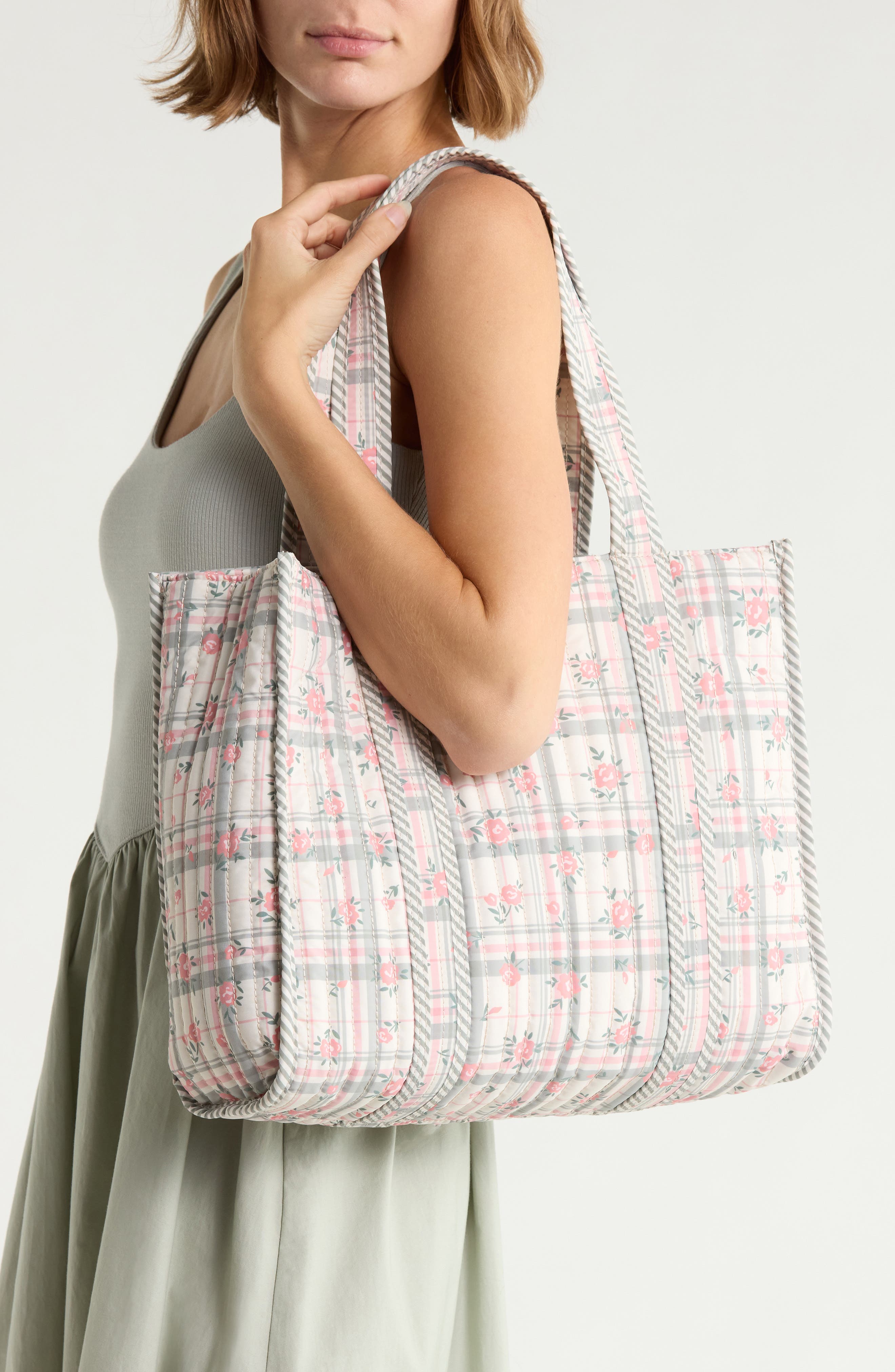 Floral Quilted Tote with Bear Charm & Crossbody Bag, Alternate, color, DUSKY PINE PLAID BLOCK FLORAL