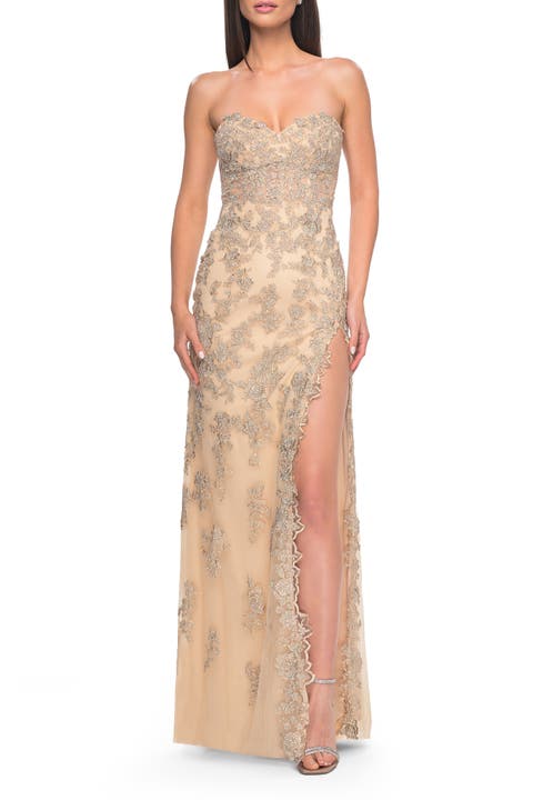 Embroidered Lace Fitted Prom Dress with Lace Edge Slit