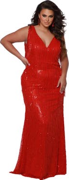 Sydney's Closet V-Neck Long Fitted Plus Size Sequin Fringe Formal Gown