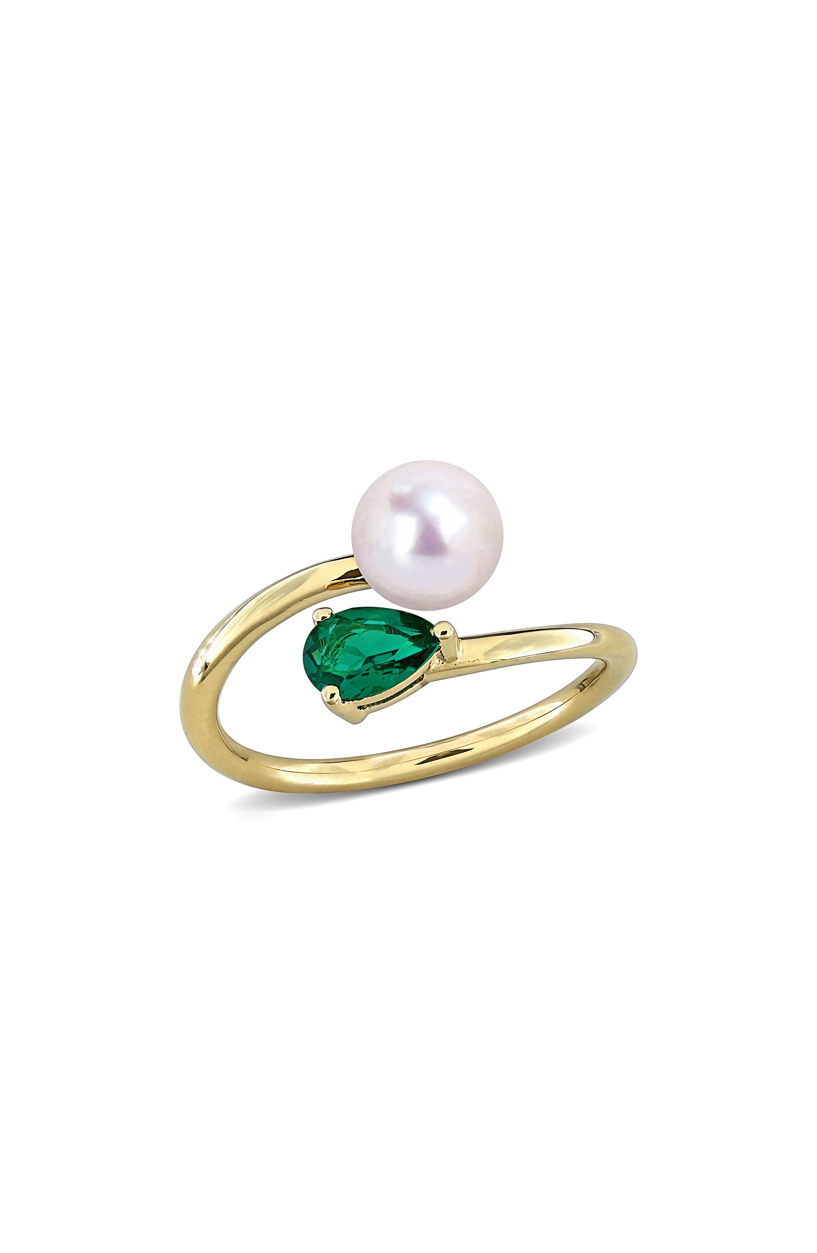 DELMAR Cultured Pearl & Lab-Grown Emerald Crossover Ring
