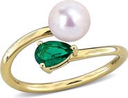 DELMAR Cultured Pearl & Lab-Grown Emerald Crossover Ring