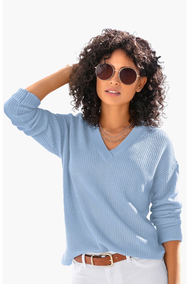 Ribbed V-Neck Sweater, Main, color, Blue