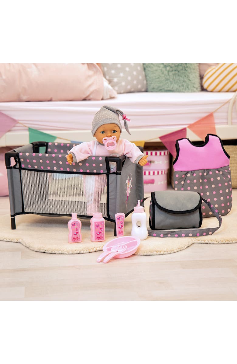 Bayer Design Baby Doll Travel Bed and Accessories Set, Fits Dolls up to 42 cm Long, Main, color, Multicolored