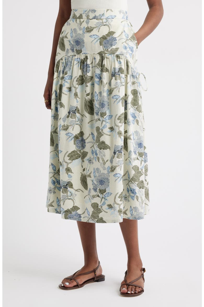 Tiered Drop Waist Linen Blend Midi Skirt, Main, color, IVORY- OLIVE JACOBEAN BLOOM