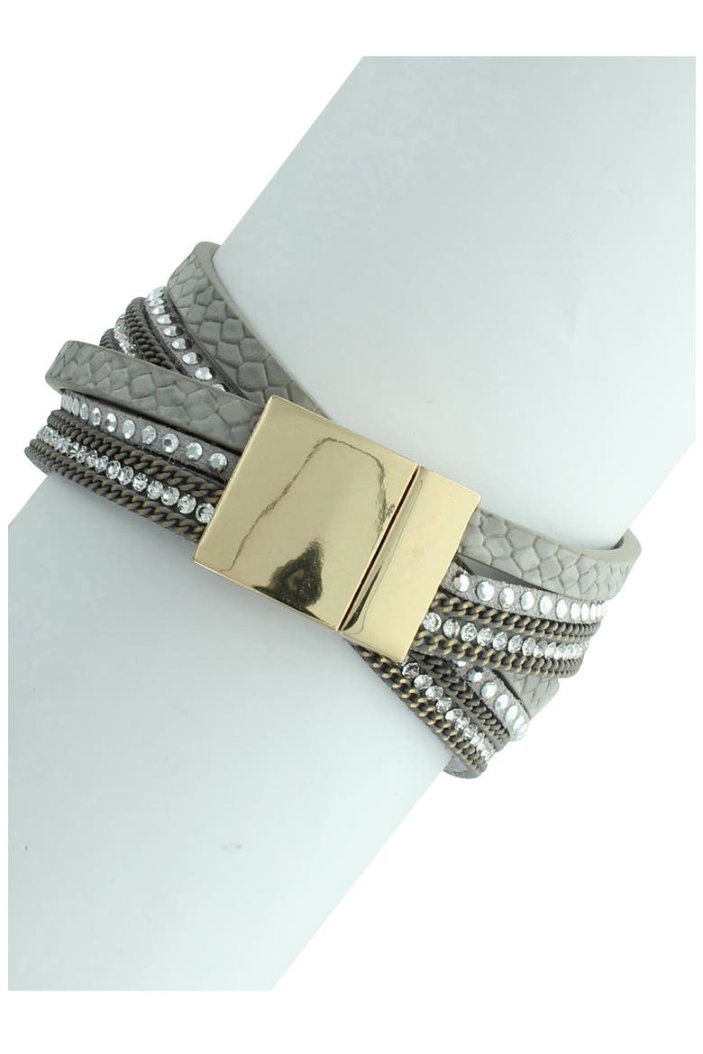 Edisa Feather Detail Faux Leather Stack Bracelet, Alternate, color, METALLIC