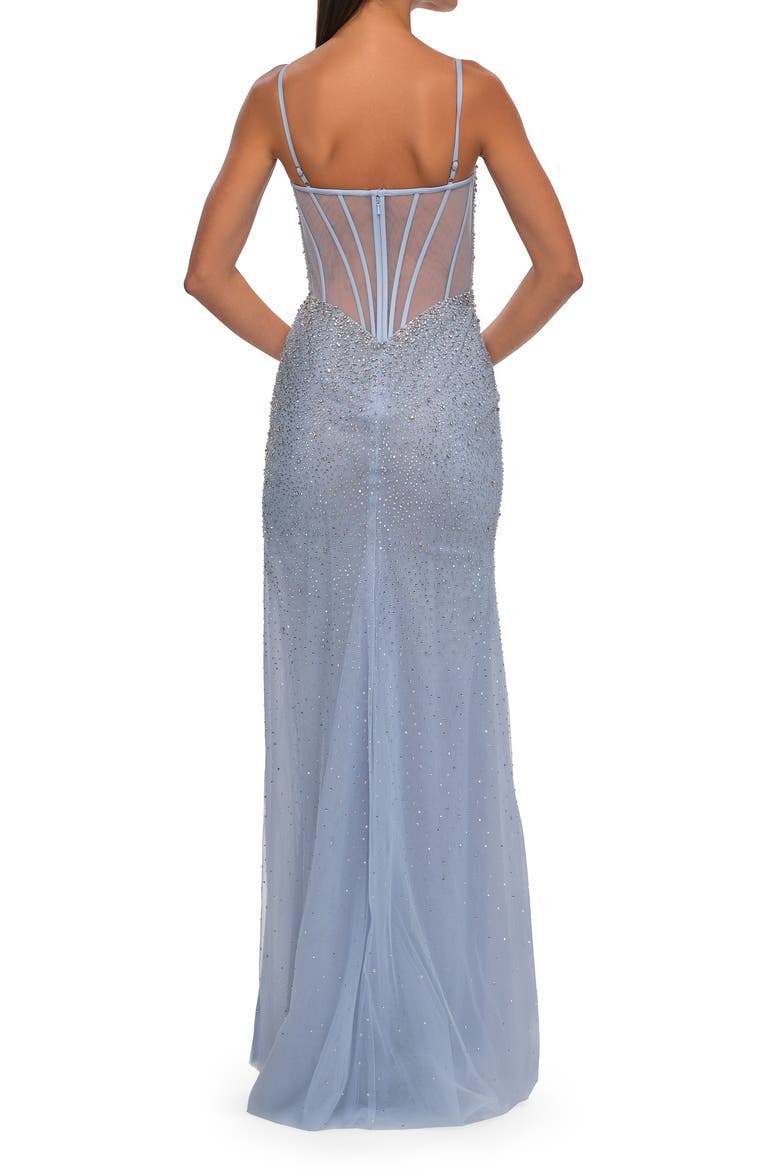 Fitted Net Dress with Rhinestones and U Slit, Alternate, color, Light Periwinkle