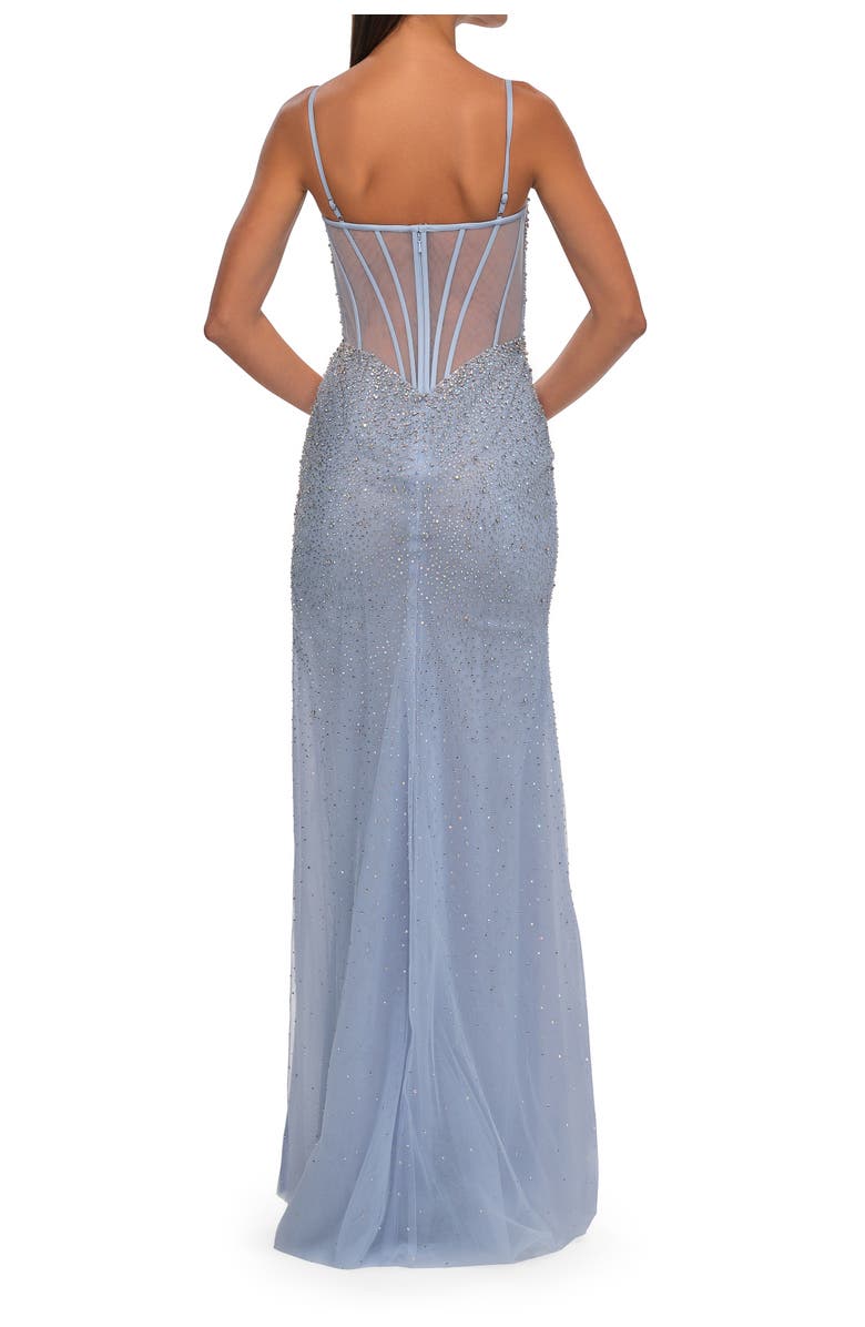 La Femme Fitted Net Dress with Rhinestones and U Slit, Alternate, color, Light Periwinkle