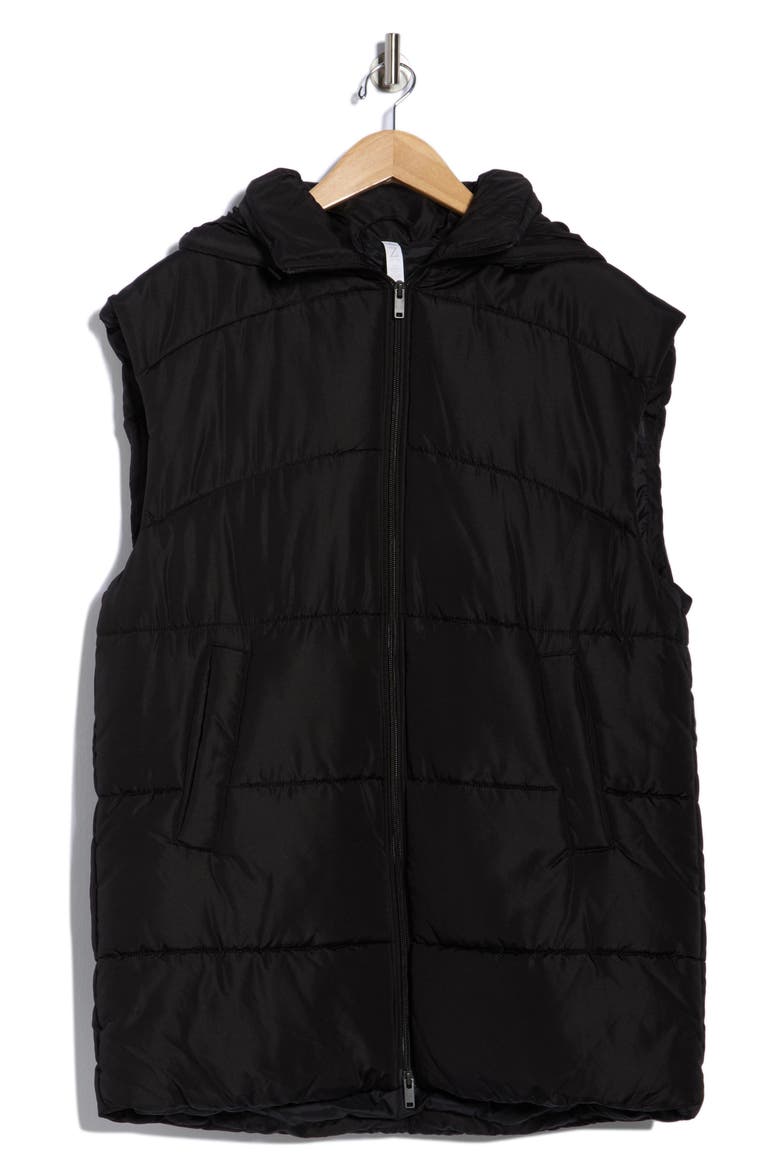 Hooded Long Quilted Vest, Alternate, color, BLACK