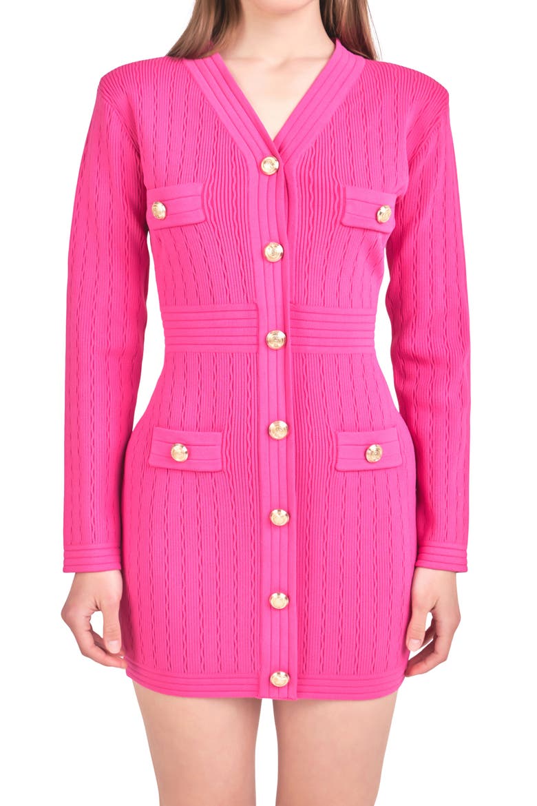 Padded Shoulder Long Sleeve Sweater Minidress, Alternate, color, FUCHSIA