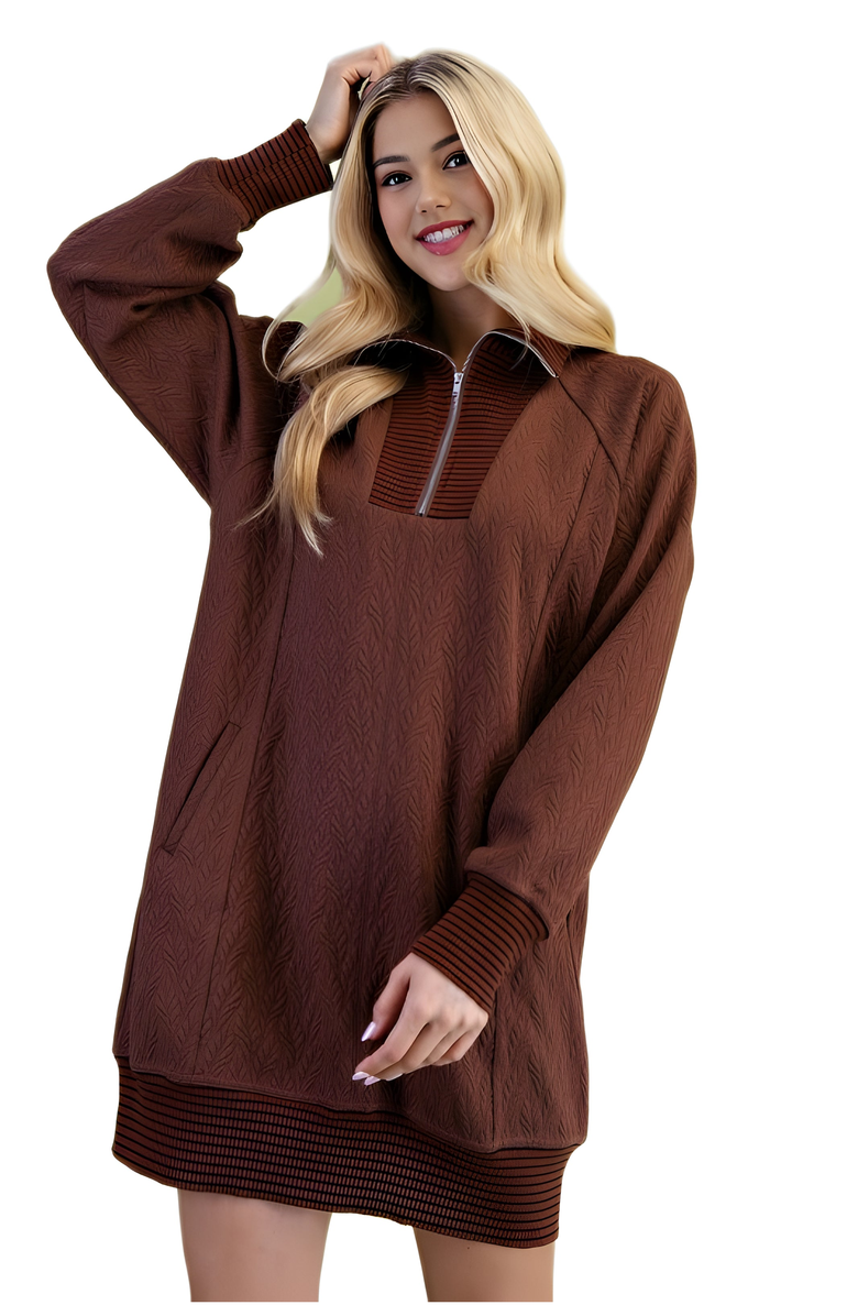 Knit and Lounge Textured Knit Half-Zip Dress With Contrast Ribbed Trim, Alternate, color, Chocolate Brown