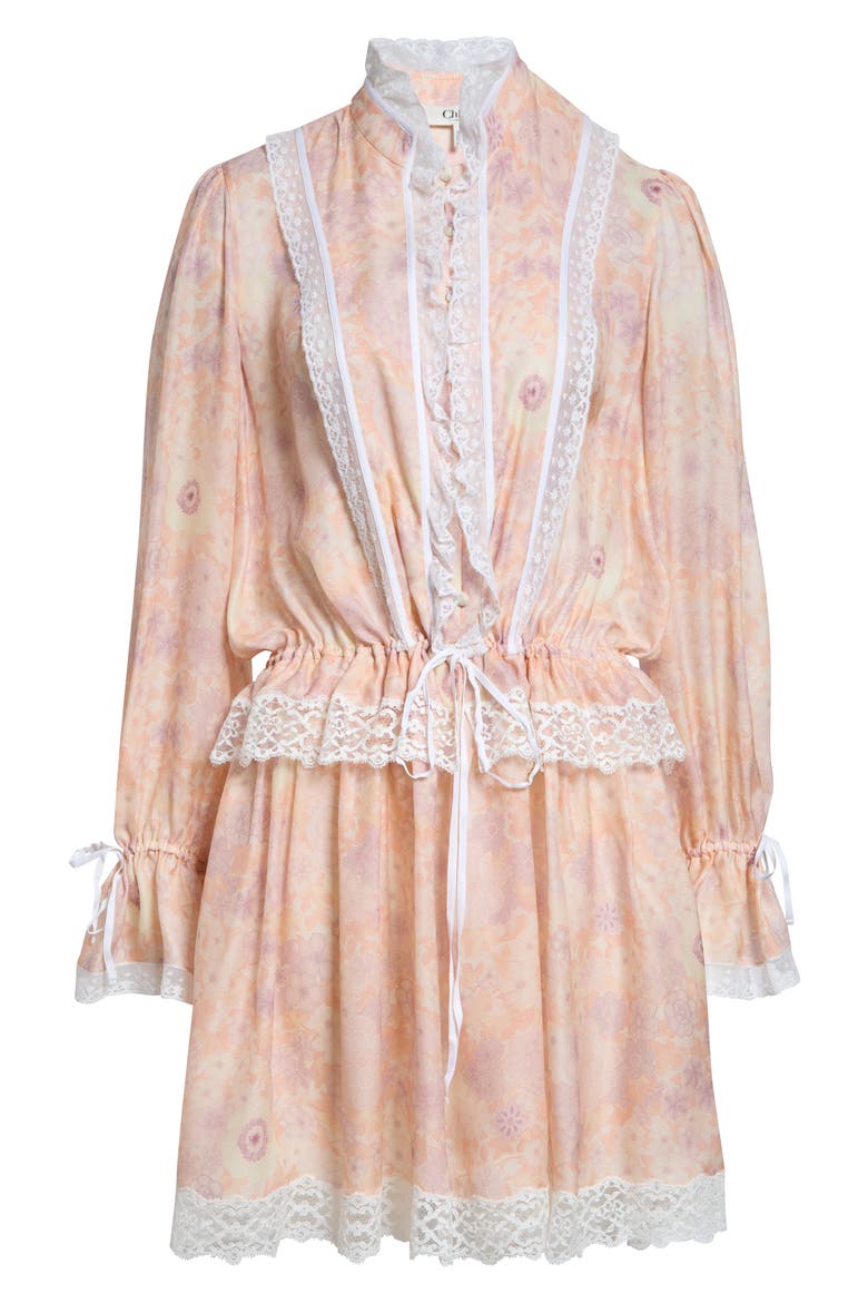 Floral Long Sleeve Silk Charmeuse & Lace Minidress, Alternate, color, MULTICOLOR PINK 1