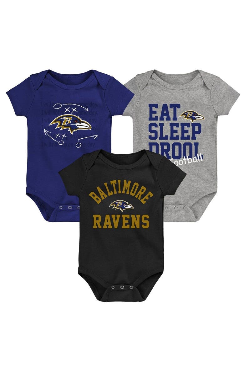 Newborn & Infant Purple/Black/Heather Gray Baltimore Ravens Three-Pack Eat, Sleep & Drool Retro Bodysuit Set, Main, color, Purple