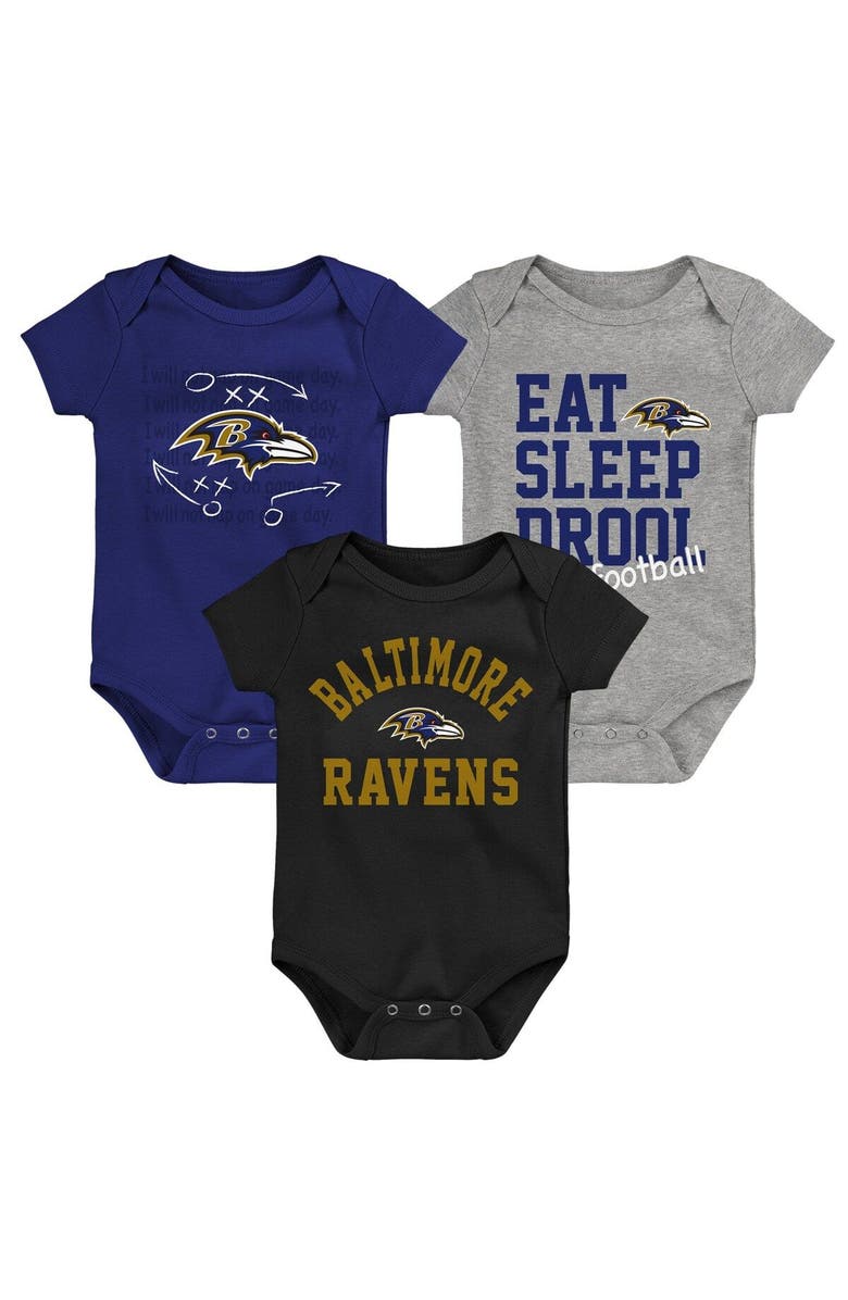 Outerstuff Newborn & Infant Purple/Black/Heather Gray Baltimore Ravens Three-Pack Eat, Sleep & Drool Retro Bodysuit Set, Main, color,