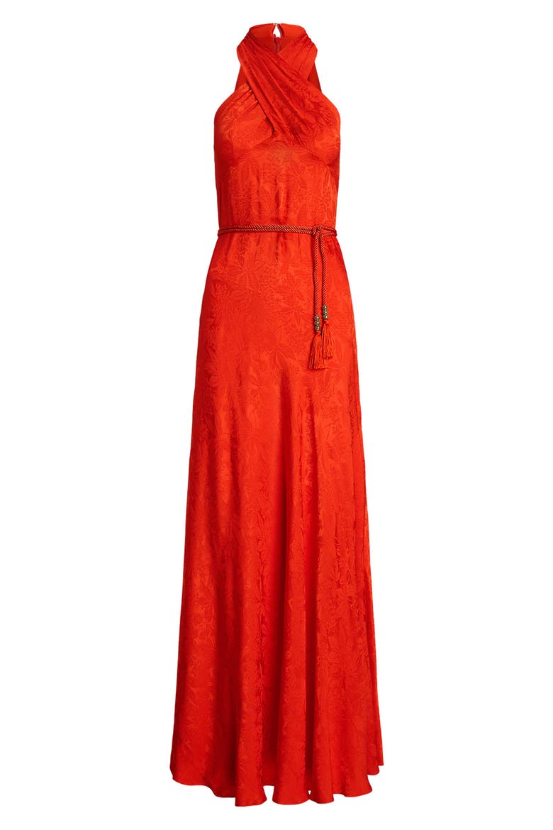 Floral Jacquard Belted Gown, Alternate, color, BRIGHT VERMILION