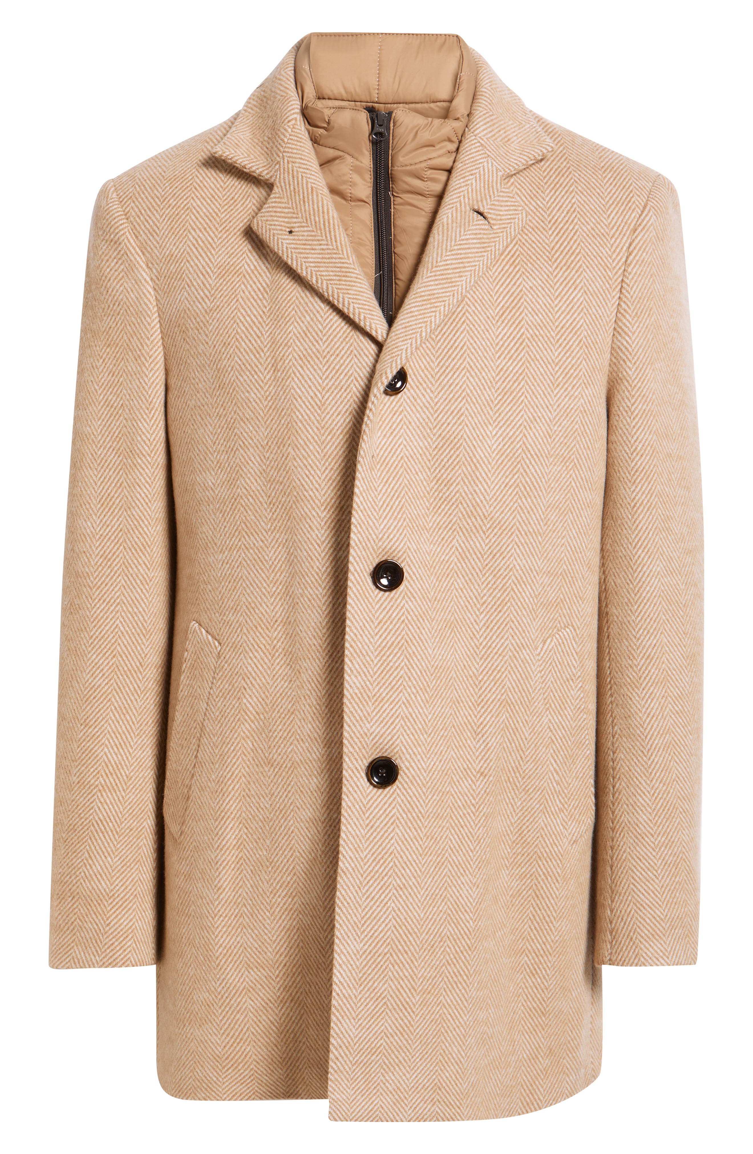 Drake Wool & Cashmere Herringbone Overcoat with Removable Quilted Bib