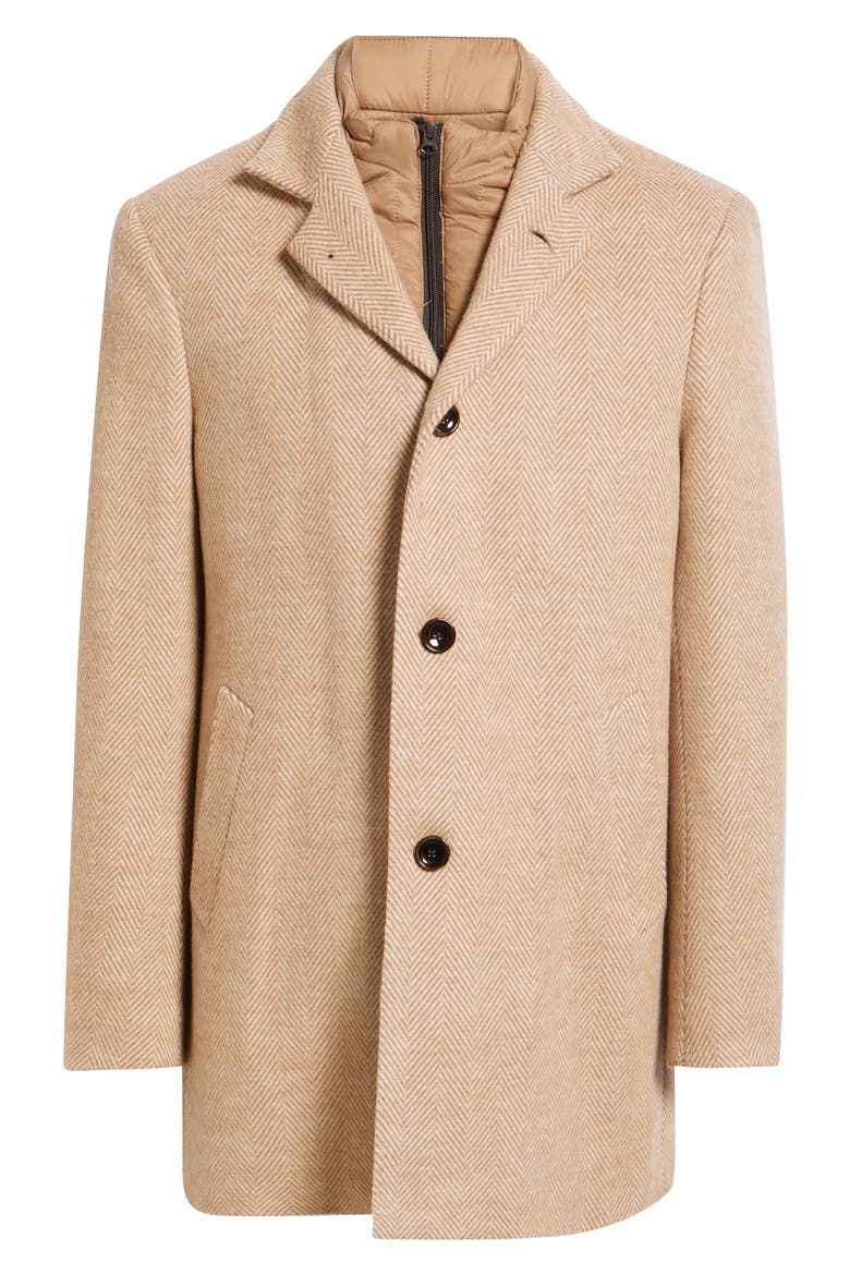 Drake Wool & Cashmere Herringbone Overcoat with Removable Quilted Bib, Main, color, CAMEL