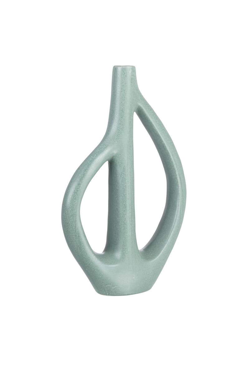 Stoneware Sculptural Vase with Teardrop Handles, Matte Green, Main, color, Blue