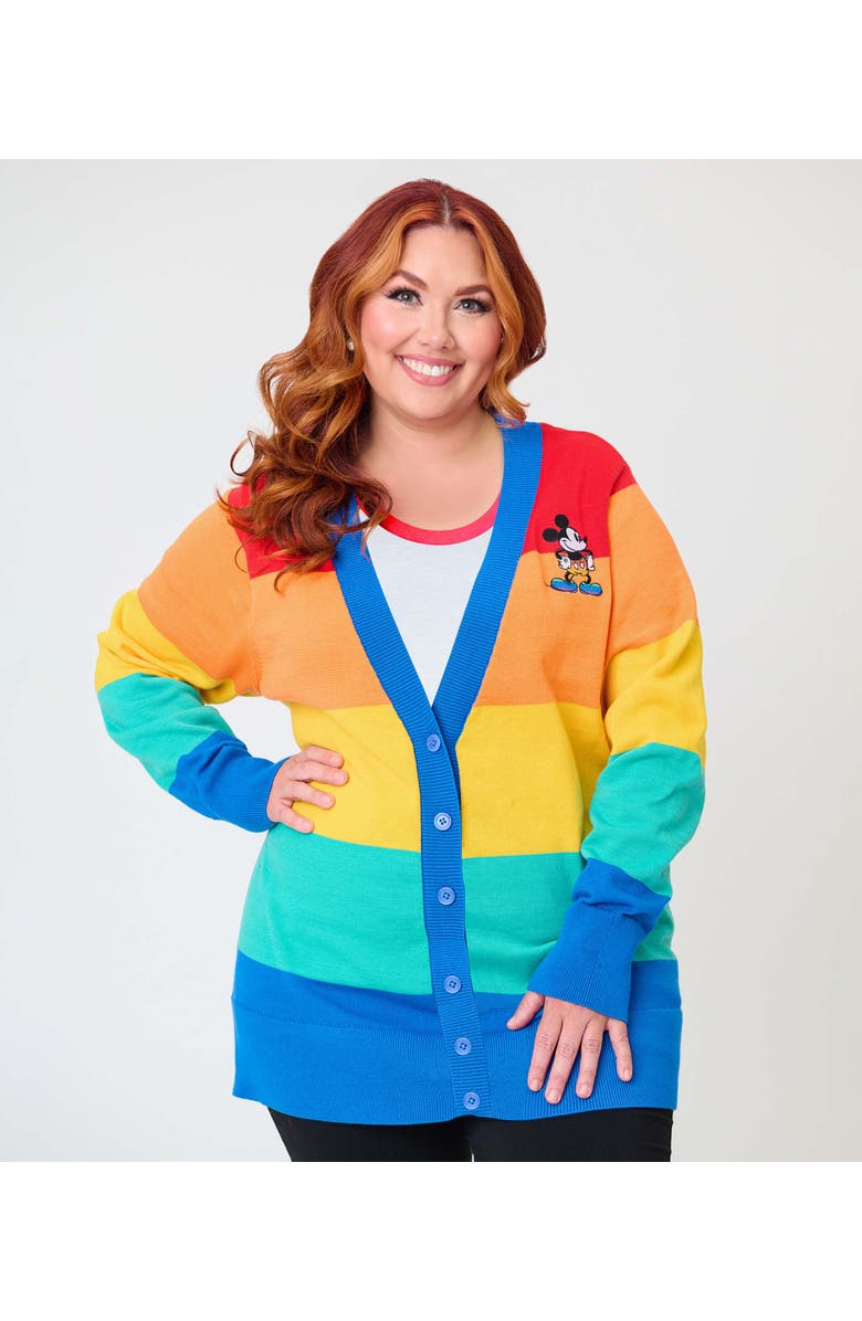 Unique Vintage Plus Size Printed Knit Long Cardigan, Main, color, Blue Rainbow Print