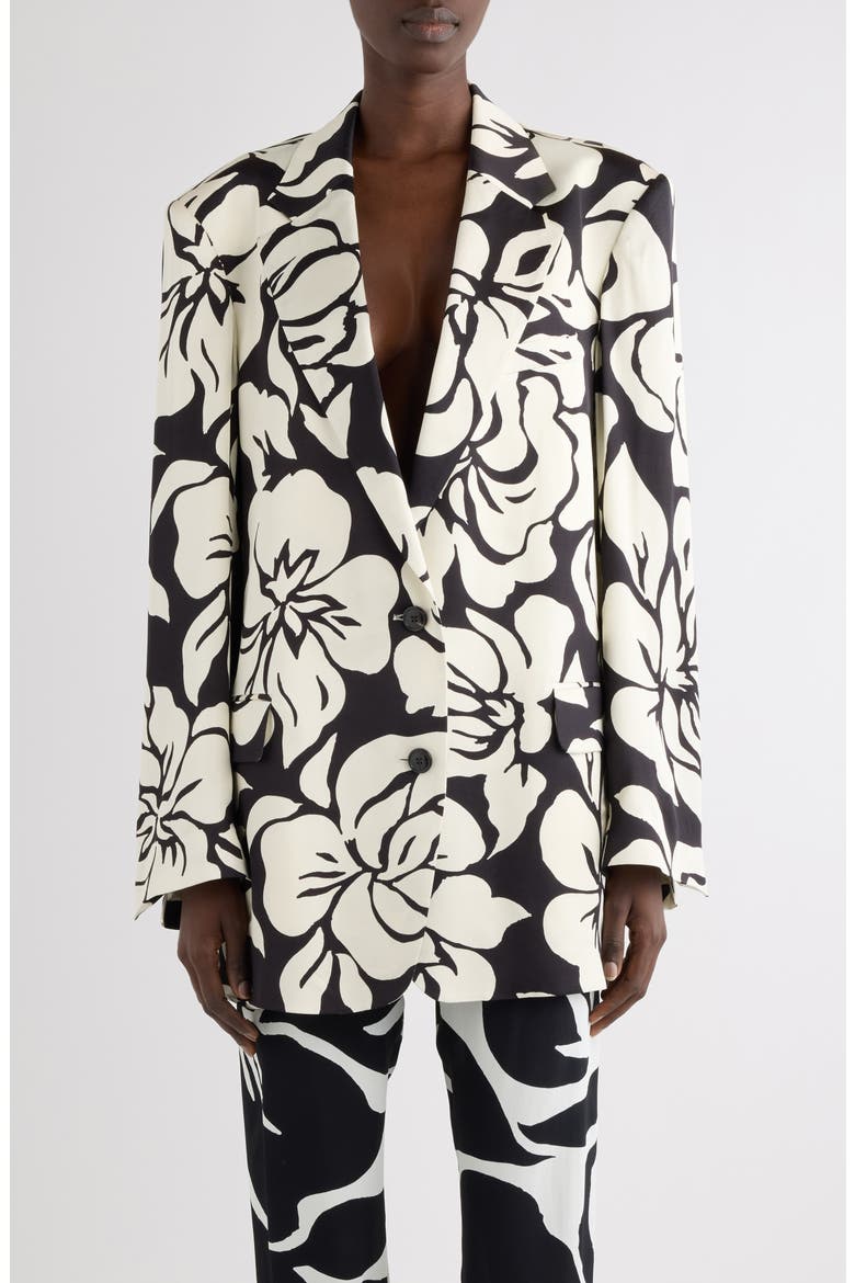 Tropical Floral Print Satin Jacket, Main, color, BLACK
