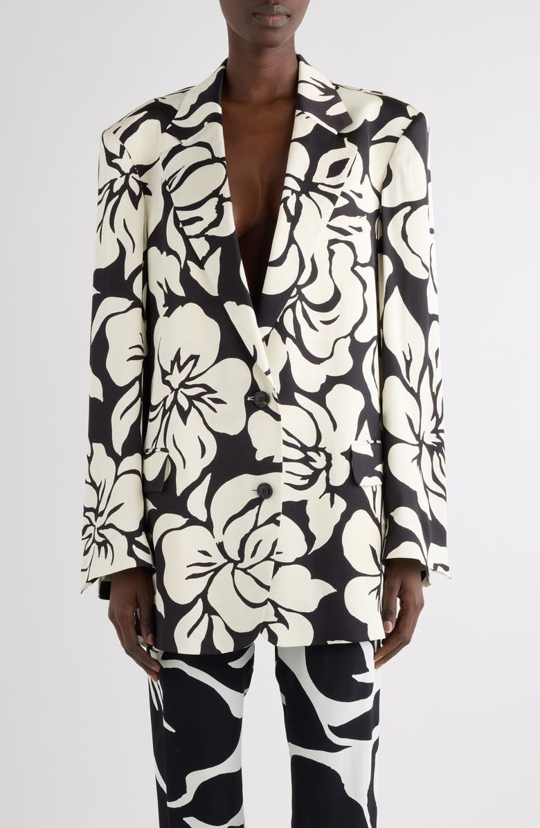 Dries Van Noten Floral Screenprint Jacquard Longline Blazer, Main, color, Black