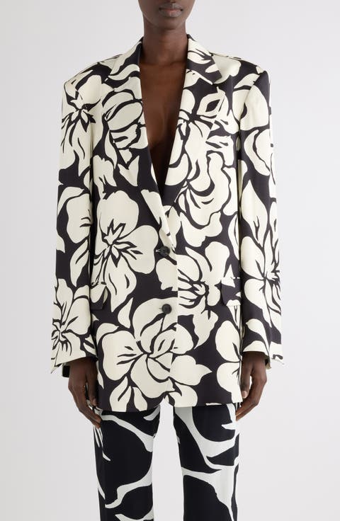 Floral Screenprint Jacquard Longline Blazer