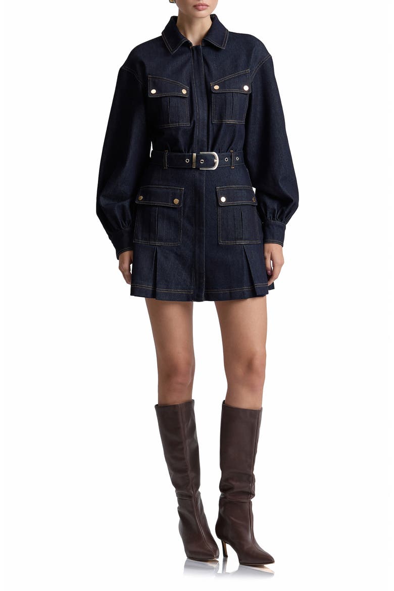 Belted Long Sleeve Stretch Denim MInidress, Main, color, DARK RINSE