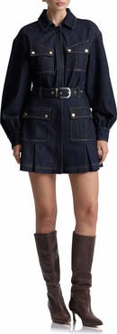 Avec Les Filles Belted Long Sleeve Stretch Denim MInidress