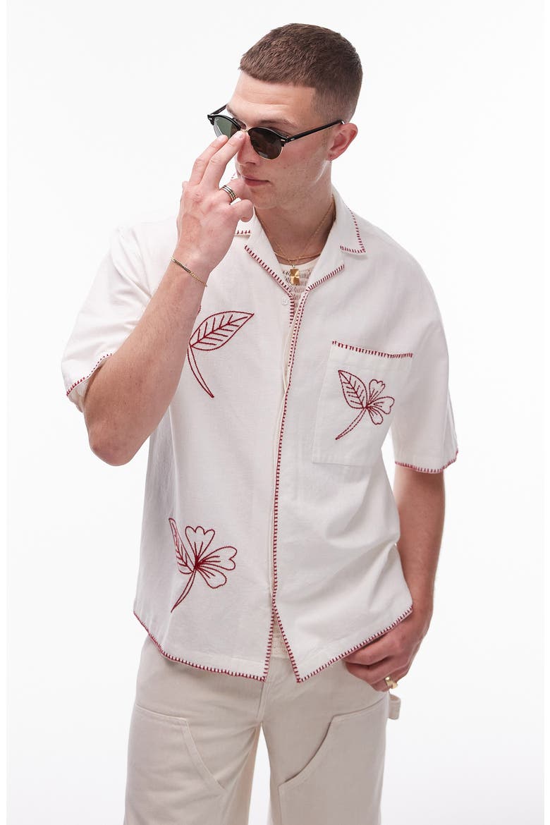 Embroidered Cotton & Linen Camp Shirt, Main, color, WHITE