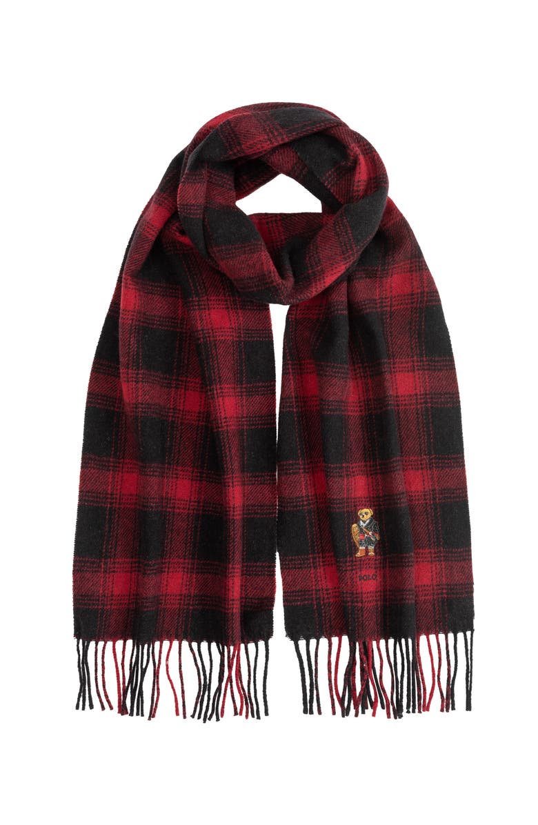 Polo Ralph Lauren Woven Holiday Bear Scarf, Alternate, color, Black/Red Plaid