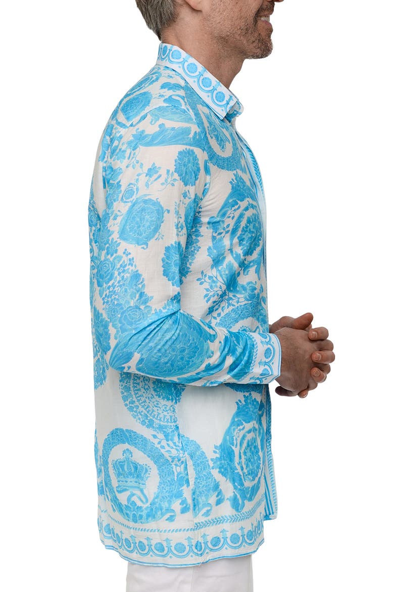 Extra Trim Fit Print Linen & Cotton Button-Up Resort Shirt, Alternate, color, BLUE